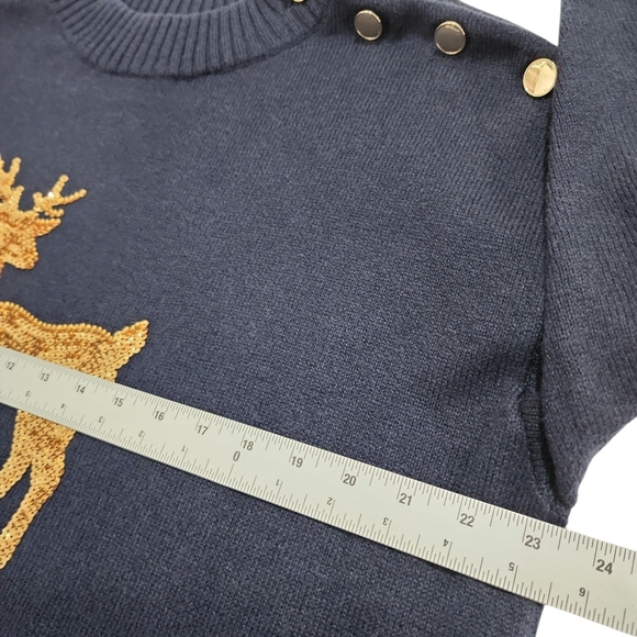 Talbots Knit Sweater Women Sz 1X Button Mock Neck Golden Sequin Deer Christmas - Picture 4 of 9